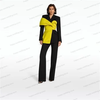 Черные женские брючные костюмы, комплект из 2 предметов, Блейзер + Брюки, куртка с желтым ремешком, платье для выпускного вечера, официальное офисное женское пальто, сшитое на заказ