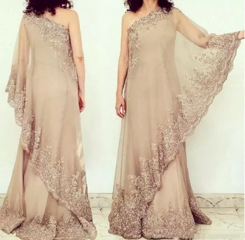 Элегантные платья для матери Невесты с кружевной аппликацией цвета шампанского 2020, Шифоновое вечернее платье на одно плечо, Арабский Mislim