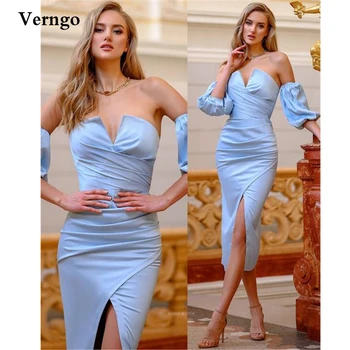 Verngo Светло-голубые атласные Вечерние платья без бретелек с пышными рукавами и разрезом по бокам Чайной длины, платья для выпускного вечера, вечернее платье, халат de soiree