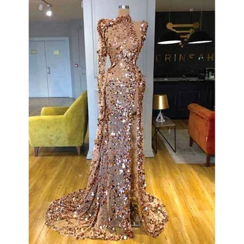 Роскошное золотое платье для выпускного вечера с длинным рукавом, с блестящими пайетками, иллюзионное тюлевое вечернее платье с высоким вырезом на заказ, 2023 Robes De Soirée