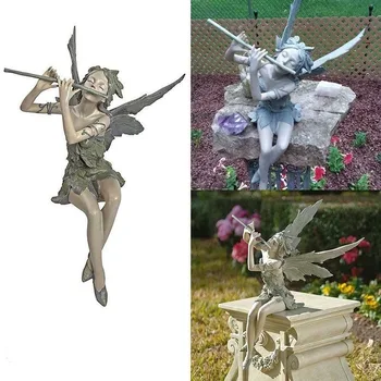 Флейта, статуя цветочной феи, садовые украшения, скульптура крылатого Ангела из смолы, украшения для пруда, фигурки феи в подарок