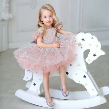 Милое розовое праздничное платье для маленьких девочек на день рождения, кепка с рукавом, блестящая тюлевая пышная пачка, платье с цветочным узором для девочек, детские вечерние платья