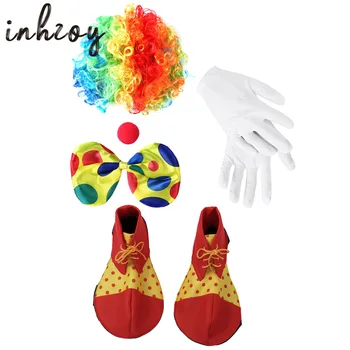 Костюм клоуна для Косплея, наряды цвета радуги, кудрявый парик и губчатый нос в горошек, галстук-бабочка, перчатки и обувь, набор аксессуаров для вечеринки в честь Хэллоуина