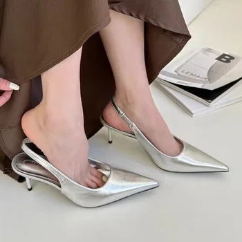 Женские серебристые туфли-лодочки на высоком каблуке, 2023 Летние Босоножки с острым носком, вечерние туфли, Женские однотонные босоножки на тонком каблуке