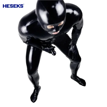 Heseks Wetlook Кожаный фетиш-костюм из искусственного латекса, Мужской резиновый комбинезон, Сексуальный обтягивающий костюм Зентай с рукавом для пениса