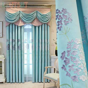 Шторы в европейском стиле для гостиной Спальни с вышивкой Современного синего цветка, шторы с вышивкой Французского окна