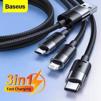USB-кабель Baseus 3в1 для Быстрой зарядки iPhone 14 13 12 Pro Max 3.5A Micro USB Type C Кабель для Samsung Xiaomi Redmi Телефонный Шнур