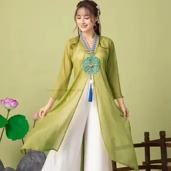 Китайское Традиционное женское шифоновое платье Hanfu, Элегантный народный танцевальный костюм с цветочным рисунком, Платье для сценического представления, платье для китайского народного танца