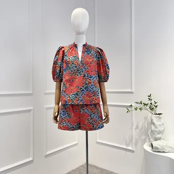 2023 Новое Поступление, высококачественная женская блузка с цветочным принтом и пышными рукавами и шорты, комплекты из 2 предметов, женская одежда