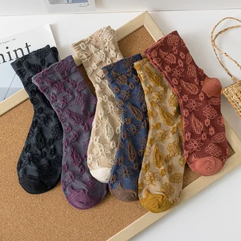 Женские однотонные хлопчатобумажные носки средней длины с цветочной вышивкой в стиле ретро, Осенне-зимние Свободные Носки в корейском Японском стиле, женские носки в стиле Харадзюку
