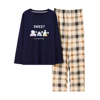 пижамы женские осенние новые трикотажные хлопчатобумажные с длинными рукавами, свободный пуловер с круглым вырезом, домашняя одежда большого размера из двух частей, может быть