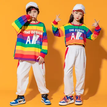 Детская одежда в стиле хип-хоп, укороченный топ в полоску, футболка оверсайз с длинным рукавом, Уличная одежда, спортивные штаны для бега трусцой для девочек, танцевальный костюм для мальчиков
