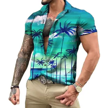 Летние Рубашки Для Мужчин, Футболка Aloha с коротким Рукавом, Футболки с 3D Принтом Кокосовой пальмы, Повседневная Блузка Для Пляжного Отдыха, Гавайская Рубашка Оверсайз