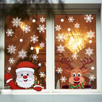 Веселые рождественские наклейки на окна Электростатическая наклейка Санта Лось Снежинка DIY Наклейка на стену 2023 Рождественское украшение Новый Год2024
