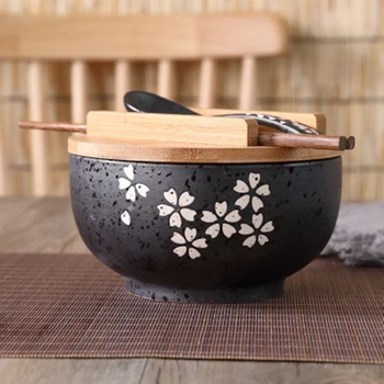 Японская миска для лапши быстрого приготовления, ресторанная посуда, салат-суп, керамическая миска с деревянной крышкой, деревянная ложка