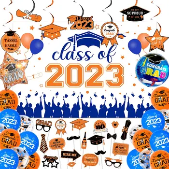 Украшения для выпускного 2023, Оранжевый, синий, Фон для выпускного, реквизит для фотобудки с воздушным шаром, принадлежности для выпускных вечеринок 2023 года