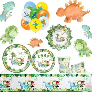 Посуда с динозавром, бумажные стаканчики, тарелки для детей, украшения для вечеринки в честь дня рождения Boy Roar, воздушный шар с динозавром