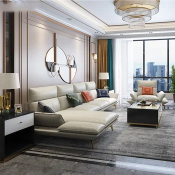 Итальянский роскошный диван с шезлонгом, мебель для гостиной, современный кожаный диван