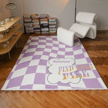 Ретро Черно-белый ковер в шахматном порядке для гостиной, Фиолетовые решетчатые прикроватные коврики для спальни, Милый декор комнаты, Ковер для детской