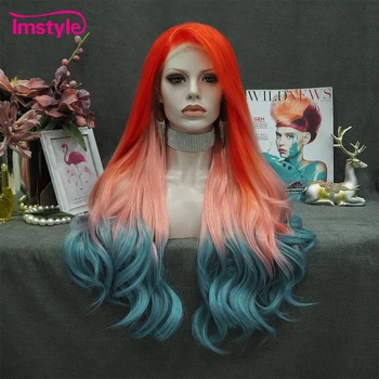 Imstyle, оранжево-синий кружевной парик, синтетический парик спереди, Длинный волнистый парик, косплей, парики для женщин, термостойкое волокно