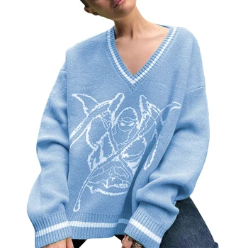 Женский свитер свободной вязки, пуловер с V-образным вырезом и длинными рукавами с мультяшным рисунком для взрослых (синий)