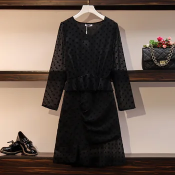 150 кг, Большие размеры, Женское Весенне-летнее Модное Платье в горошек с V-образным вырезом, обхват груди 149 см, 5XL 6XL 7XL 8XL 9XL, Свободное Длинное Платье Черного цвета