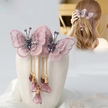Элегантная Вышитая Тканевая заколка с бабочкой, Модные Женские заколки с кисточками, украшения ручной работы для девочек, Аксессуары для волос