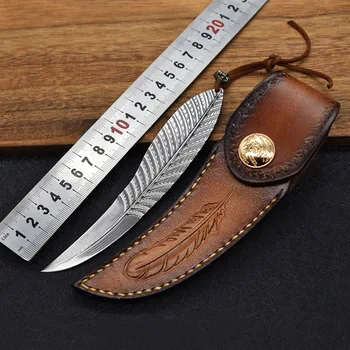 Высококачественный Цельный нож из дамасской стали без сердцевины с 3D рисунком из перьев, Ручной Кожаный чехол, Избранное на открытом воздухе, Нож с фиксированным лезвием