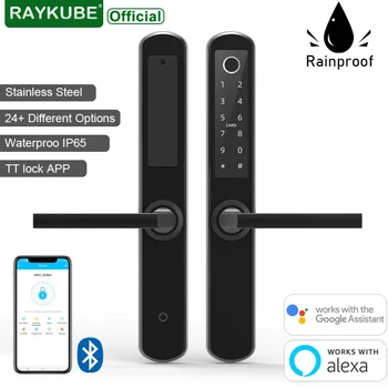RAYKUBE Умный Дверной замок с отпечатками пальцев, 6 способов разблокировки, Водонепроницаемый IP65, дополнительный шлюз для Alexa и Google Assistant, черный DQ03