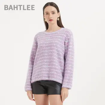 BAHTLEE, зимний женский пуловер из мохера, свитер с круглым вырезом в полоску, шерстяной вязаный джемпер с длинными рукавами, многоцветный