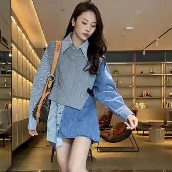 Новая джинсовая рубашка с сращиванием, Женский винтажный свитер, вязаный пуловер, Корейская мода, элитная роскошная дизайнерская одежда с длинным рукавом