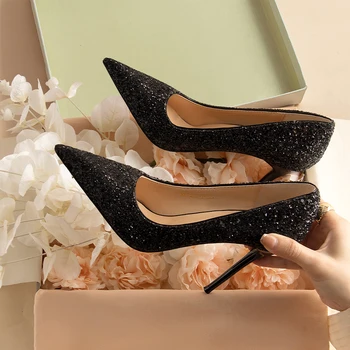 2023 женские высококачественные туфли Sense 2023, новые свадебные туфли с украшением в виде кристаллов, женские туфли на высоком тонком каблуке цвета шампанского 4518