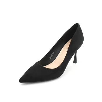Женские туфли-лодочки для работы в офисе, из флока, на тонком высоком каблуке 6 см, с острым носком, без застежки, женская однотонная обувь высокого качества, черного цвета