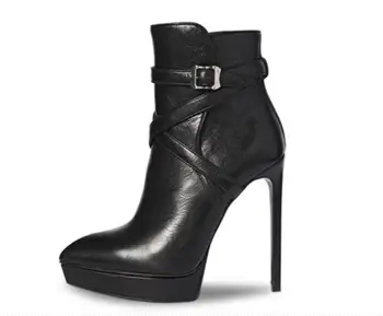 Женские ботинки, Черные кожаные ботильоны на платформе с острым носком, Обувь на тонком каблуке, женские носки, Ботинки 2018, Зима