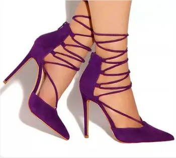 Фиолетовые летние босоножки на высоком каблуке для женщин, с острым носком, на шнуровке, на шпильке, размер 34-42, хит продаж, вечерние модельные туфли