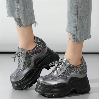 Модные Кроссовки, Женские Мотоциклетные ботинки из натуральной кожи на шнуровке, на высоком массивном каблуке, Женские туфли-лодочки на платформе с круглым носком, Повседневная обувь
