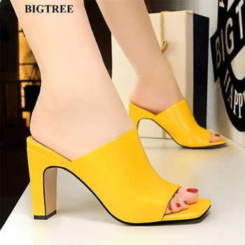 BIGTREE/ Новые корейские лаконичные женские тапочки на толстом каблуке, Летние уличные тапочки с открытым носком, Модная женская обувь на высоком каблуке из искусственной кожи