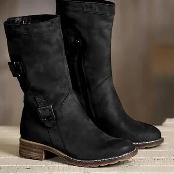 Женские ковбойские сапоги, рабочая обувь, Зимние ботинки, сохраняющие тепло, защитные Джинсовые ботинки на низкой подошве, молния сбоку, одноцветное изделие, Западный квадратный каблук до середины икры