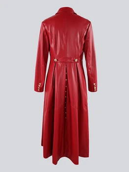 Женский удлиненный красно-черный тренч из искусственной кожи Nerazzurri с золотой пуговицей, Двубортное роскошное элегантное шикарное пальто