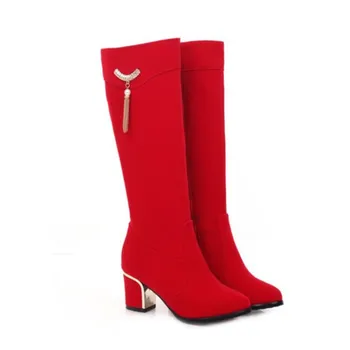 Осенне-зимние женские сапоги до колена, Черный, Красный, 32-43, Женские высокие сапоги, Роскошные женские туфли на высоком каблуке 6 см, Модные длинные вечерние туфли, женские