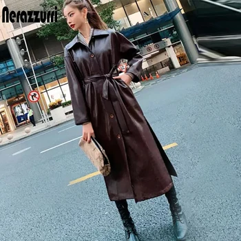 Осенний длинный кожаный тренч Нерадзурри для женщин, длинный рукав, пуговицы на ремне, плащ из искусственной кожи, женская корейская мода 2020