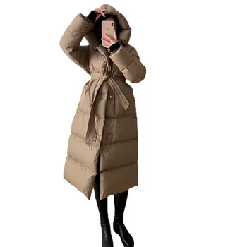 2023 Зимнее женское роскошное теплое пальто на белом утином пуху, Длинная верхняя одежда с капюшоном для женских пальто