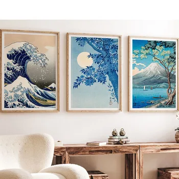 Японские пейзажные плакаты и принты Японские волны Гора Фудзи Холст живопись Скандинавские настенные панно для гостиной Домашний декор