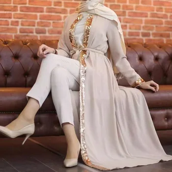 Исламское платье в Рамадан, кафтан, Элегантный Дубай, Весна-лето, женские однотонные бусы с поясом, Элегантный Модный Длинный комплект Abaya