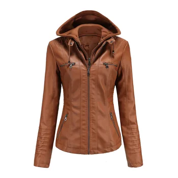 Женская кожаная куртка, Мотоциклетная куртка, Съемный капюшон, Куртка из искусственной кожи, Весенне-осенняя куртка, выстиранная кожа