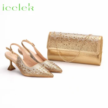 Высококачественная Женская обувь золотого цвета с острым носком, комплект сумок в тон для нигерийской женской свадебной вечеринки