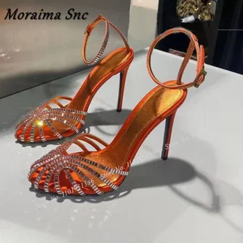 Moraima Snc/Однотонные оранжевые Босоножки со стразами; Женская обувь с Закрытым Носком и Пряжкой на Щиколотке; Босоножки на высоком каблуке; Zapatillas Mujer