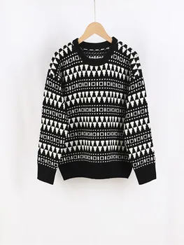 Женский свитер Geometry, Свободный пуловер с длинным рукавом и круглым вырезом, контрастный джемпер, Шерстяной кашемировый винтажный джемпер