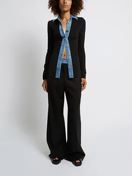 y2k весенне-летняя женская рубашка с джинсовой окантовкой в стиле пэчворк с длинным рукавом и V-образным вырезом 2023, модная универсальная тонкая женская одежда