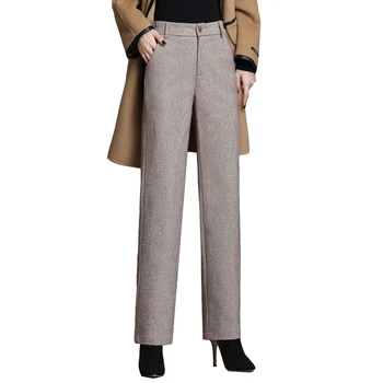 YUEY, Осенне-зимние плотные шерстяные брюки с прямыми ножками, женские брюки с эластичной резинкой на талии, OL, Плотные теплые шерстяные брюки Бежево-серого цвета